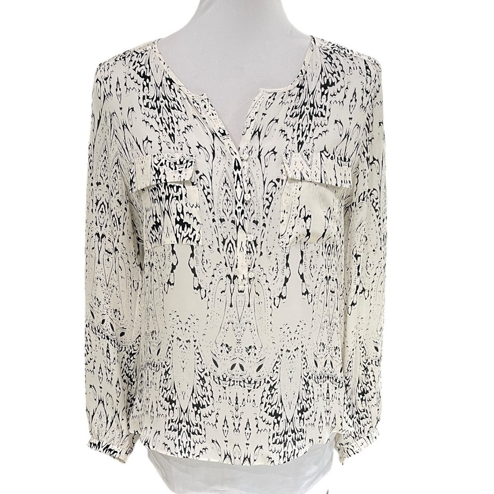 Parker Silk Print Split Collar Pocket Shirt SZ S Cream Black